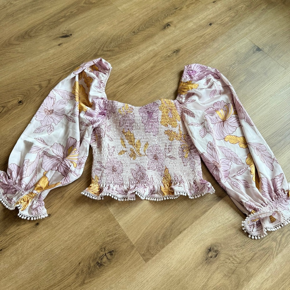 NWT En Saison Floral Smocked Puff Sleeve Crop Top Pink Yellow Size M - Picture 6 of 6